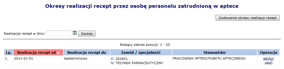 Aby można było dodać daną osobę do wniosku przy pomocy opcji, musi ona być zatrudniona oraz wpisana w potencjale w części ewidencji personelu apteki.