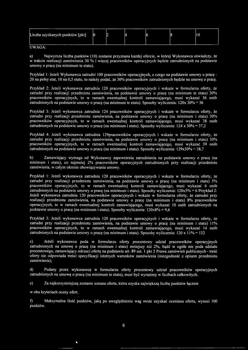 Przykład 1: Jeżeli Wykonawca zatrudni 100 pracowników operacyjnych, z czego na podstawie umowy o pracę - 20 na pełny etat, 10 na 0,5 etatu, to należy podać, że 30% pracowników zatrudnionych będzie na