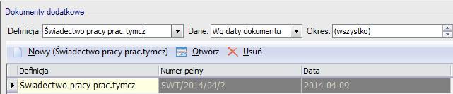 Dokumenty dodatkowe W kartotece pracownika na zakładce Dokumenty dodatkowe jest możliwość wystawiania cząstkowych świadectw pracy z zakończonych umów terminowych lub świadectw pracy dla pracowników