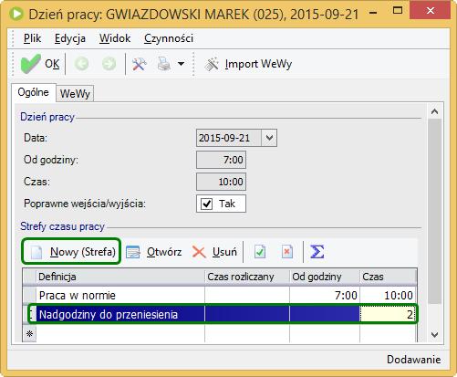 Wprowadzenie informacji o liczbie nadgodzin do przeniesienia Następnie wchodzimy do dnia, którym oddajemy godziny wolne za nadgodziny Rozliczenie nadgodzin strefę Praca w normie pomniejszamy o taką