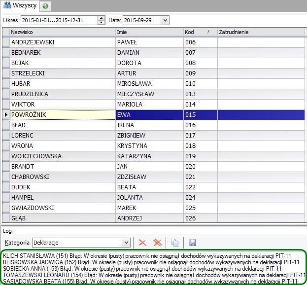 Aby wydrukować wszystkie deklaracje należy przejść do modułu Kadry i Płace/Deklaracje PIT/Deklaracja PIT 11, zaznaczyć wszystkie osoby dla których chcemy zrobić wydruk.