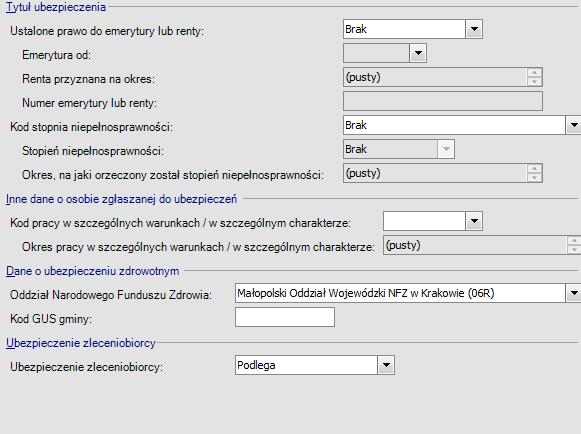 Kadry / Dane ubezpieczeniowe Formularz służy do wprowadzania ogólnych danych ubezpieczeniowych niewynikających bezpośrednio ze stosunku pracy czy zawartej umowy cywilnoprawnej.