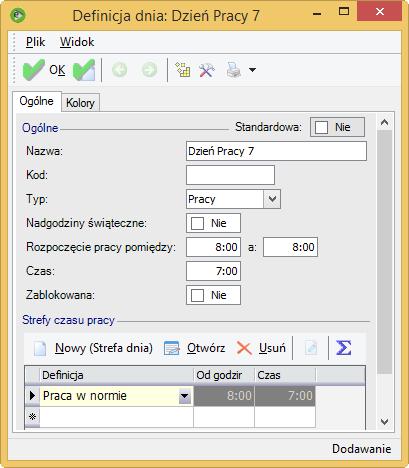 Definicja dnia Definicja Kalendarza W konfiguracji programu definiujemy kalendarz 7 godzinny: Narzędzia Opcje Kadry i Płace Kalendarze Kalendarze wybieramy