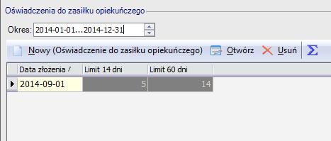 Dokumenty i wnioski / Oświadczenia do zasiłku opiekuńczego Zakładka umożliwia wprowadzenie liczby dni wykorzystanych w roku kalendarzowym przykładowo przez małżonka pracownika lub/i innego członka