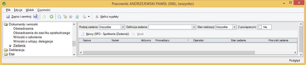 Dokumenty i wnioski / Zadania W wersji platynowej przy wykupionej licencji enova 365 Pulpit Kierownika, Pulpit Pracownika zostało obsłużone powiązanie pracownika z zadaniami CRM.