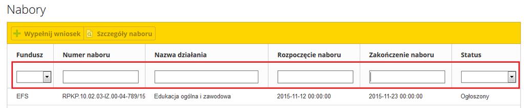 Po wykonaniu tej czynności, nabory w widoku ogólnym będą odpowiadały parametrom wyszukiwania.