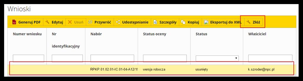 Jest uzupełniony o wcześniej dodane informacje. Należy wprowadzić zmiany i zapisać wniosek przyciskiem Zapisz.