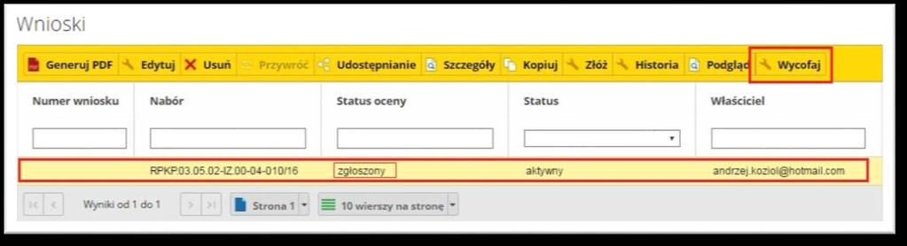 W celu wycofania wniosku należy zaznaczyć wniosek na liście i nacisnąć przycisk Wycofaj.
