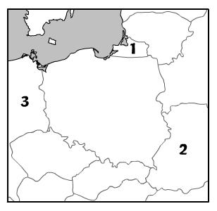 Zadanie 19. Na konturowej mapie fragmentu Europy cyframi 1, 2, 3 zaznaczono trzy państwa graniczące z Polską.