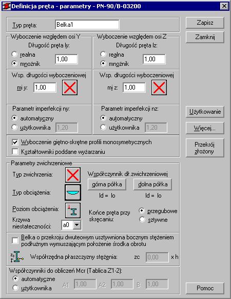 Kliknięcie w linie z wynikami dla pręta 1 spowoduje otwarcie okna WYNIKI, w którym użytkownik może znaleźć wszystkie szczegółowe informacje na temat przyjętych