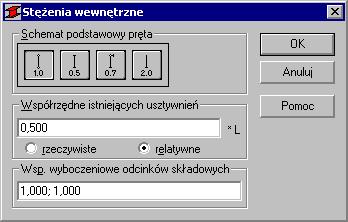 Po otwarciu okna STĘŻENIA WEWNĘTRZNE wpisz w pole Współrzędne istniejących usztywnień relatywną współrzędną 0.5.