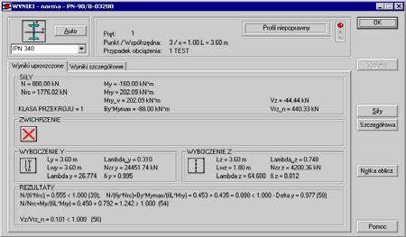Okno rezultatów skróconych zawiera zestaw najistotniejszych wyników dla analizowanych prętów (np. współczynnik wytężenia, decydujące przypadki obciążeniowe itp.).