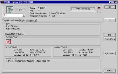 Okno rezultatów skróconych zawiera zestaw najistotniejszych wyników dla analizowanych prętów (np. współczynnik wytężenia, decydujące przypadki obciążeniowe itp.).