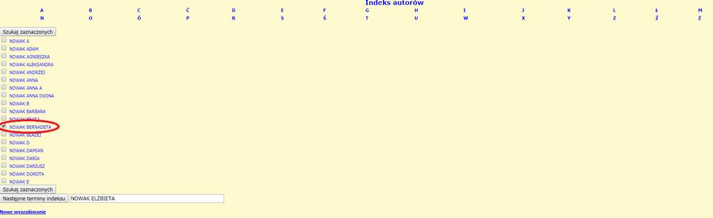 wyświetli się indeks autorów, z którego należy