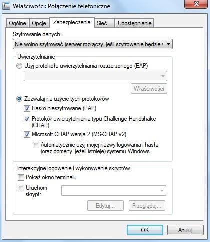 ... Właściwości połączenia telefonicznego zakładka Opcje.