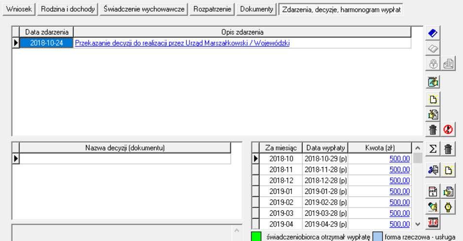 4. Następnie podświetlamy interesującą nas decyzję i wybieramy ikonę WCZYTAJ DECYZJĘ: Program wczyta dane z decyzji przyznającej do systemu dziedzinowego informując nas o tym stosownym komunikatem: A