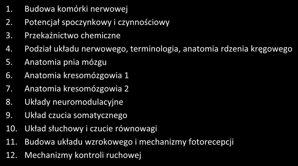 Tematyka ćwiczeń 1. Budowa komórki nerwowej 2. Potencjał spoczynkowy i czynnościowy 3. Przekaźnictwo chemiczne 4. Podział układu nerwowego, terminologia, anatomia rdzenia kręgowego 5.