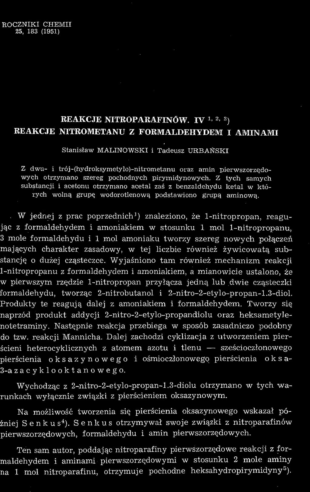 ROCZNIKI CHEMII 25, 183 (1951) REAKCJE NITROPARAFINÓW.