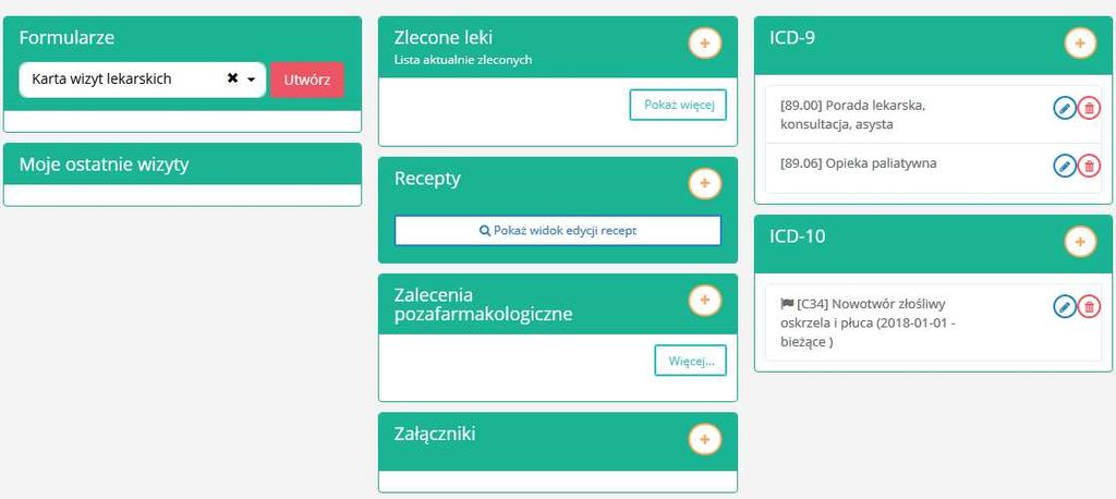 Rys. 21 Powyższe okno może prezentować różne obszary w zależności od posiadanych uprawnień, komórki w której pacjent ma realizowany pobyt w Hospicjum, rodzaju wprowadzonej wizyty. 11.