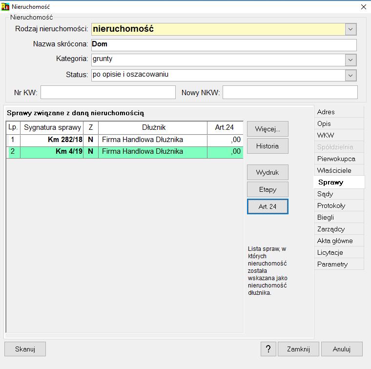 RYSUNEK 7 LISTA SPRAW W KTÓREJ WYSTĘPUJE DANA NIERUCHOMOSĆ Należy zaznaczyć sprawę, w której chcemy naliczyć płatę i kliknąć przycisk Art. 24.