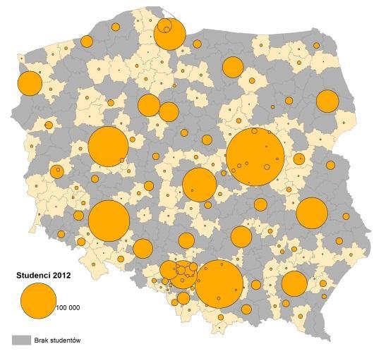 Model dojazdów do szkoły wyższej (EDU) baza to liczba studentów oraz ludności