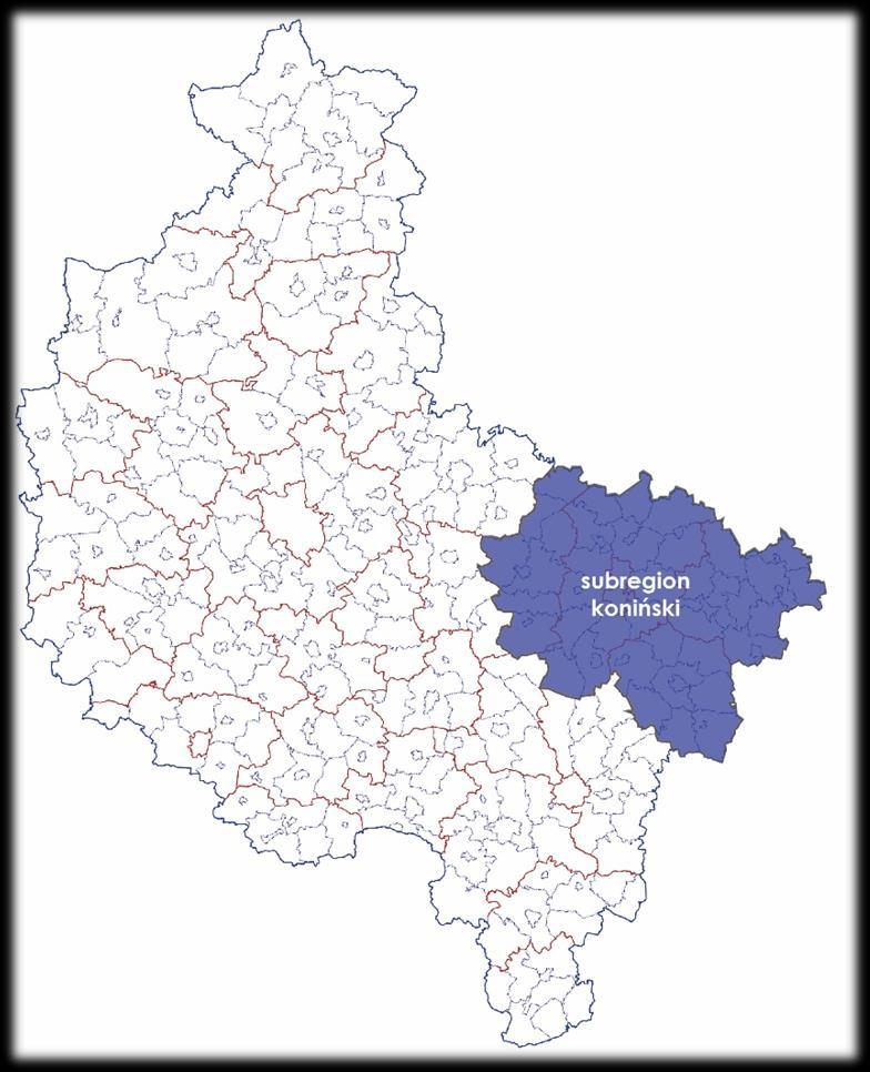 Lokalizacja subregionu konińskiego na tle województwa wielkopolskiego Subregion koniński, będący przedmiotem analizy, obejmuje swym zasięgiem 5