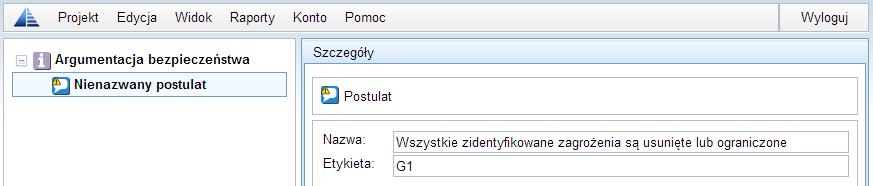 Nowy element typu postulat pojawi się w argumentacji po lewej stronie. Nazwijmy go i nadajmy etykietę w panelu szczegółów znajdującym się po prawej stronie.