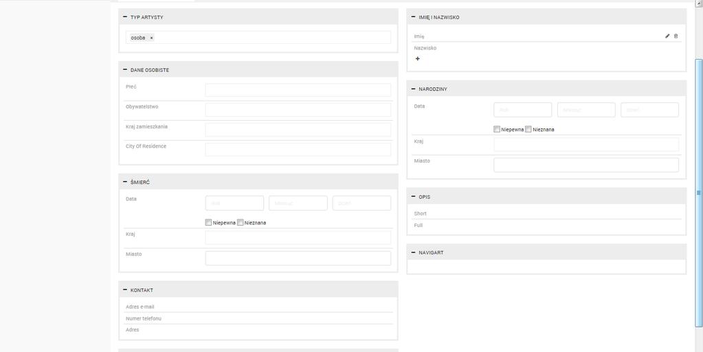 1) osoba, grupa artystów umożliwia wprowadzenie różnych danych. Dane służą do wypełniania kart w innych modułach.
