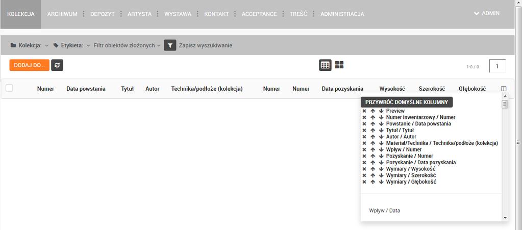 Wygląd interfejsu modułu do zarządzania kolekcją zbiorów muzealnych Moduł ten odpowiada zakładce Kolekcja w obecnym systemie Integra Light ( Collectio ). Na ekranie podstawowym (rys.2.