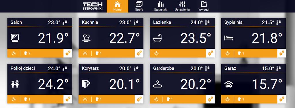 1. ZAKŁADKA HOME W zakładce Home wyświetlana jest strona główna z kafelkami obrazującymi aktualny stan poszczególnych urządzeń instalacji.