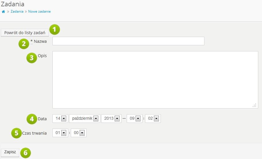 4.1 NOWE ZADANIE RYS. 22 PLATFORMA EDUSCIENCE ZADANIA NOWE ZADANIE 1. Powrót do listy zadań - po kliknięciu przycisku pojawia się widok listy zadań. 2. Nazwa w tym miejscu należy podać nazwę zadania.