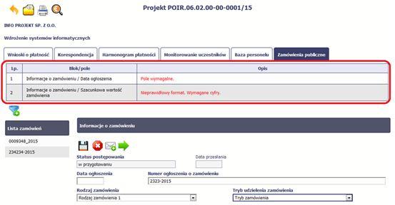 Jeżeli informacja będzie zawierała nieprawidłowe dane, system w specjalnym bloku Wynik walidacji wyświetlonym nad