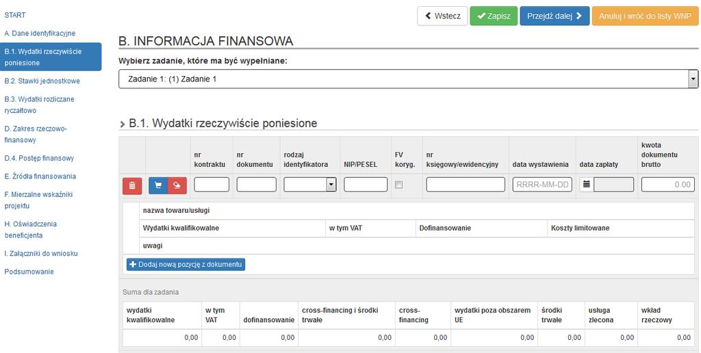 Po wybraniu zadania, w ramach którego ma być wykazany dany wydatek dodaj dokument księgowy klikając przycisk: Przycisk +Dodaj nowy dokument otwiera nowe pola, które uzupełnij dla każdego