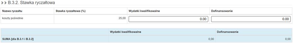 W polu Wydatki kwalifikowalne wprowadź wartość liczbową (do dwóch miejsc po przecinku) kosztów pośrednich rozliczanych w bieżącym okresie rozliczeniowym (zgodnie z limitem procentowym wskazanym w