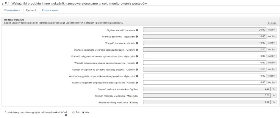 Partner. Przy pytaniu Czy istnieje ryzyko nieosiągnięcia założonych wskaźników? zaznacz pole Tak lub Nie.