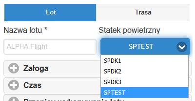 Nowy lot Planowanie lotu wymaga wprowadzenia danych w dwóch zakładkach Lot oraz Trasa Lot wprowadzamy dane dotyczące konkretnej operacji wybierając wcześniej utworzonego statku powietrznego Nazwa