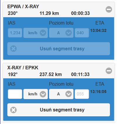 koordynaty (rozwijana lista posiada opublikowane w AIP punkty nawigacyjne).