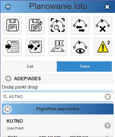 Punkty trasowe użytkownika Po wybraniu ikony PUNKTY UŻYTKOWNIKA po prawej stronie ekranu system generuje tabelę do uzupełnienia.