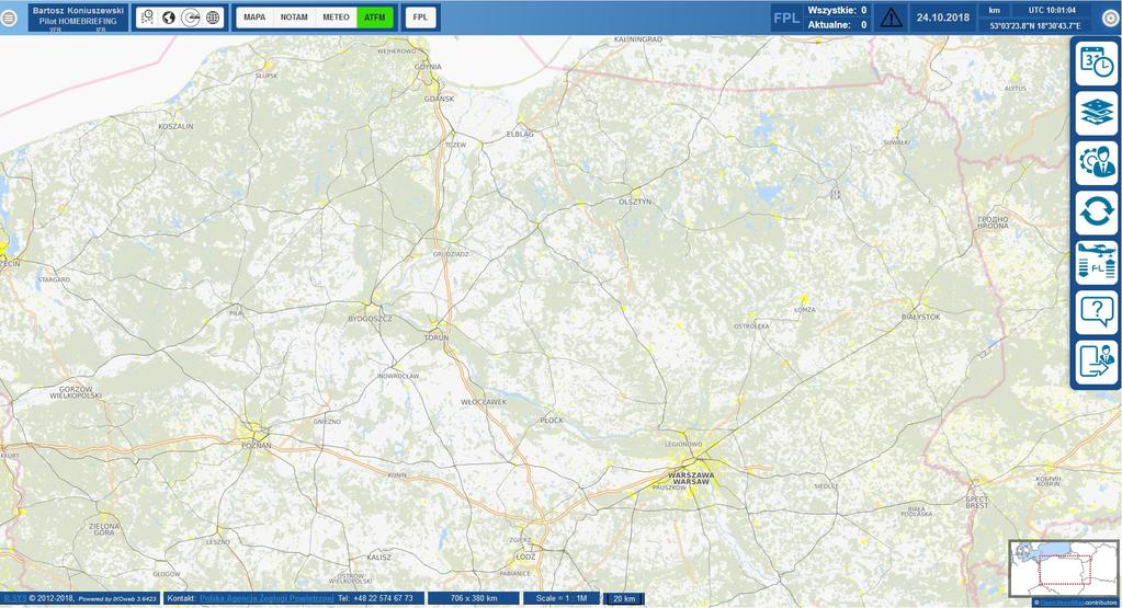 Podstawowe MENU Map Menu i FPL Narzędzia mapy wyświetlanie NOTAM METEO Formularz FPL Menu główne Dostęp do podstawowych funkcjonalności systemu: zakładanie bazy