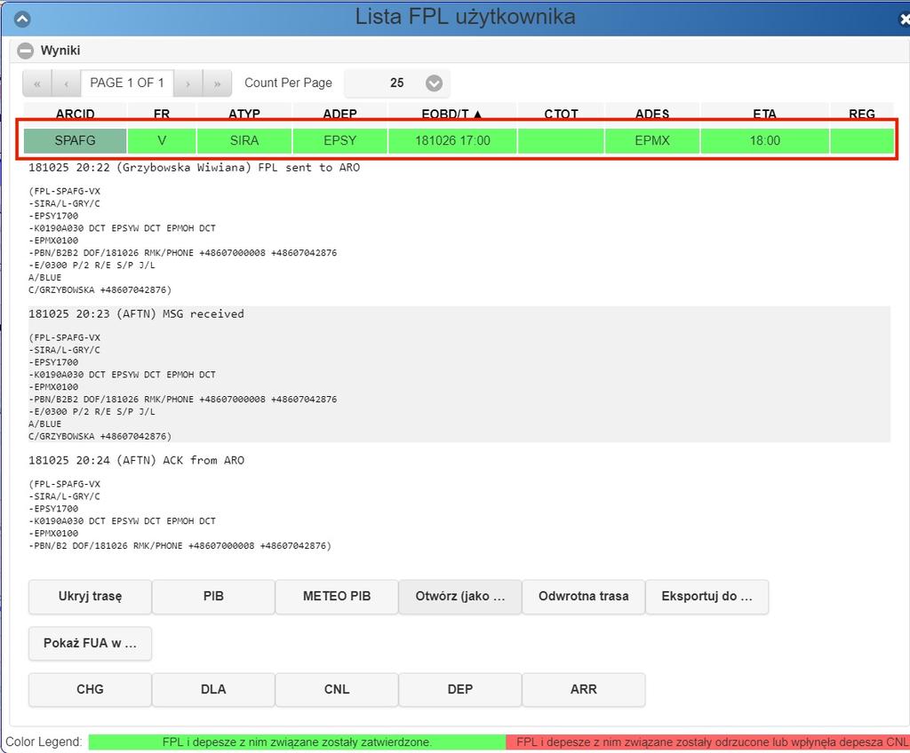 Obsługa wysłanych FPL Otwieranie paska planu lotu Kliknięcie paska planu lotu rozwija okno, w którym widoczne są wszystkie depesze wychodzące oraz przychodzące w formacie AFTN oraz dostępne są