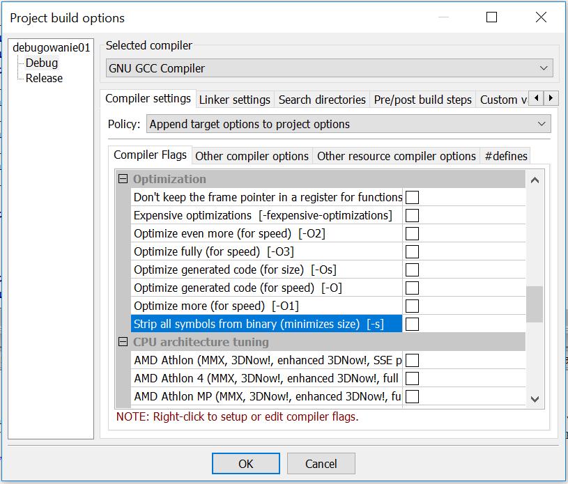 Konfiguracja Symbole debuggowania Project >> Build options >> Produce debugging