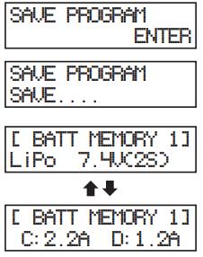 b) Zapisywanie danych akumulatora Aby zapisać ustawione wartości, należy wybrać funkcję SAVE PROGRAM i następnie nacisnąć krótko przycisk START/ENTER. W przeciwnym wypadku ustawienia zostaną utracone.
