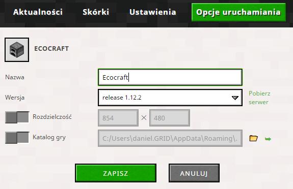 dodać nowy serwer. Nazwa: dowolna (np. Ecocraft) Wersja: wybierz z listy rozwijalnej wersję 1.12.