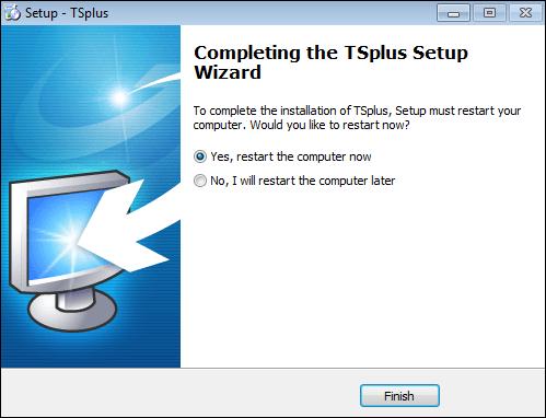 Więcej tutaj Następnie pojawia się logo TSplus, a okno informuje o zakończeniu instalacji.