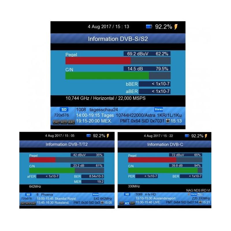 Miernik sygnału firmy Satlink model HW7380 UHD z kolorowym wyświetlaczem LCD pozwalający łatwo i precyzyjnie ustawić antenę satelitarną, naziemną oraz sygnał kablowy.