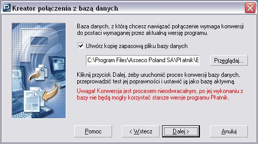 Rysunek 147. Okno kreatora połączenia z bazą 3. Kolejny krok kreatora pojawi się tylko, gdy zachodzi konieczność konwersji istniejącej bazy MS SQL (patrz Rysunek 148).