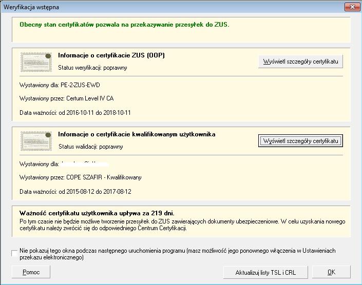 Rysunek 22. Okno Weryfikacja wstępna W oknie Weryfikacja wstępna prezentowana jest użytkownikowi informacja, czy w obecnym stanie aplikacji możliwe jest przygotowanie poprawnych przesyłek do ZUS.