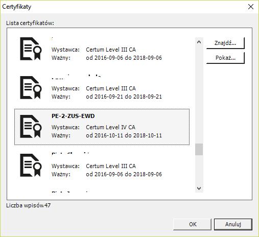 Rysunek 30. Lista certyfikatów wybór certyfikatu ZUS 4.