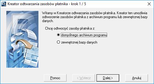 Rysunek 61. Okno kreatora odtwarzania zasobów płatnika krok 1/5 5. W przypadku odtwarzania z innej bazy roboczej kreator ma pięć kroków.