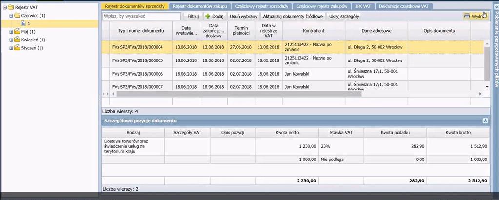 Prowadzenie rejestru VAT 4. Na zakładkach Rejestr dokumentów sprzedaży i Rejestr dokumentów zakupu pojawi się wygenerowane zestawienie ze szczegółowymi pozycjami każdego dokumentu.